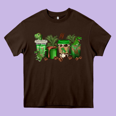 T  Rex Coffee Cups Heavy Core Tee Designed By Texasbilliewilder