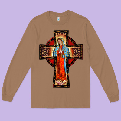 Lady Of Guadalupe Leopard Cross Long Sleeve Tee Designed By Barkaloodesign