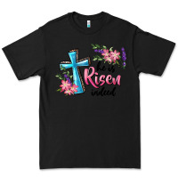 Black He Is Risen Indeed Cross And Flowers Premium Tee - RanaPortraitStore