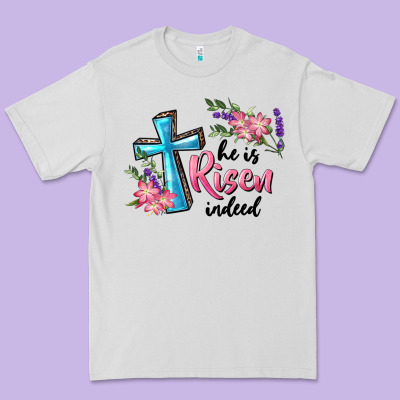 Premium Tee He Is Risen Indeed Cross And Flowers