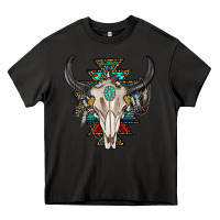 Asphalt western aztec bull skull with gemstone Heavy Core Tee - texasbilliewilder