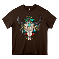 Chocolate Brown western aztec bull skull with gemstone Heavy Core Tee - texasbilliewilder