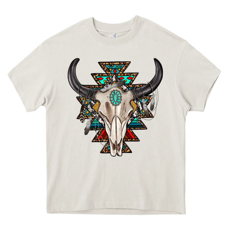 Western Aztec Bull Skull With Gemstone Heavy Core Tee by texasbilliewilder | Teevron