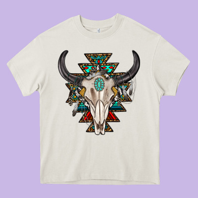 Western Aztec Bull Skull With Gemstone Heavy Core Tee Designed By Texasbilliewilder