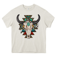 Cream western aztec bull skull with gemstone Heavy Core Tee - texasbilliewilder