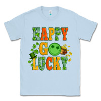 Dusty Blue happy go lucky  with coin and shamrock Classic Tee - Artiststas