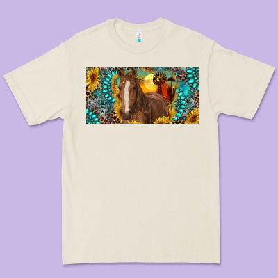 Premium Tee horse and desert with sunflowers gemstone