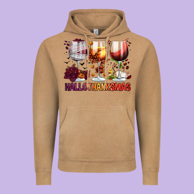 Hallothanksmas Halloween Thanksgiving  Christmas Wine Vintage Hoodie Designed By Fadigitalartstudio