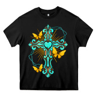 Black cross with heart shaped gemstone and butterfly Heavy Core Tee - texasbilliewilder