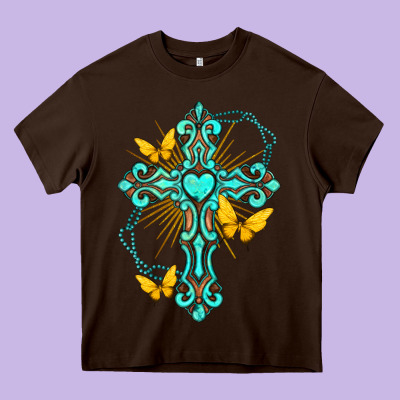Cross With Heart Shaped Gemstone And Butterfly Heavy Core Tee Designed By Texasbilliewilder
