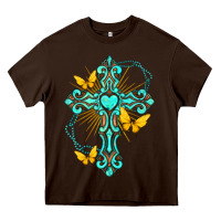 Chocolate Brown cross with heart shaped gemstone and butterfly Heavy Core Tee - texasbilliewilder