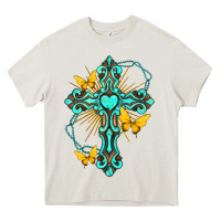 Cream cross with heart shaped gemstone and butterfly Heavy Core Tee - texasbilliewilder