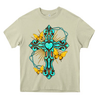 Mossy cross with heart shaped gemstone and butterfly Heavy Core Tee - texasbilliewilder