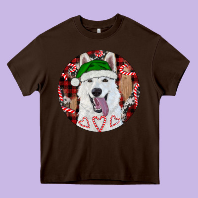 Heavy Core Tee Christmas White Shepherd With Buffalo Plaid