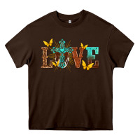 Chocolate Brown love with cross Heavy Core Tee - texasbilliewilder