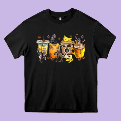 Monkey Coffee Cups Heavy Core Tee Designed By Texasbilliewilder