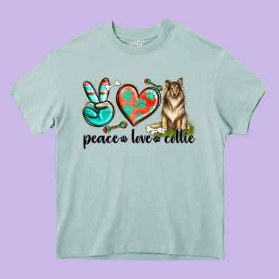 Peace Love Collie Heavy Core Tee Designed By Texasbilliewilder