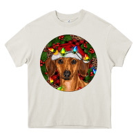 Cream Christmas Dachshund Heavy Core Tee - RanaPortraitStore