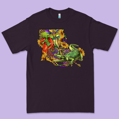 Premium Tee Louisiana Map With Mardi Gras Crocodile