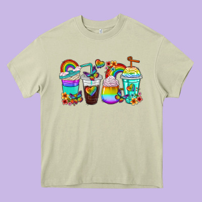 Rainbow Coffee Cups Heavy Core Tee Designed By Texasbilliewilder