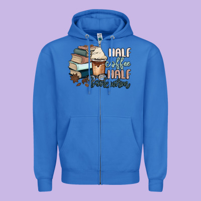 Half Coffee Half Bookworm Zipper Hoodie Designed By Maliassmallbusiness