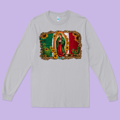 Our Lady Of Guadalupe Mexican Flag Background Long Sleeve Tee Designed By Jasminsmagicworld