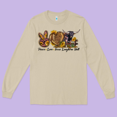 Peace Love Texas Longhorn Bull Long Sleeve Tee Designed By Lillyallendesigns