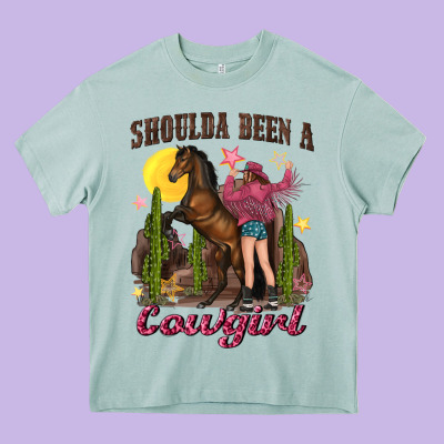 Shoulda Been A Cowgirl Bucking Horse Heavy Core Tee Designed By Texasbilliewilder