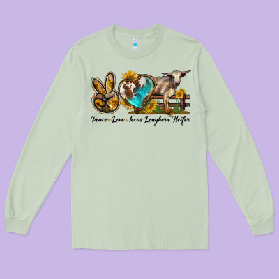 Peace Love Longhorn Heifer Long Sleeve Tee Designed By Lillyallendesigns