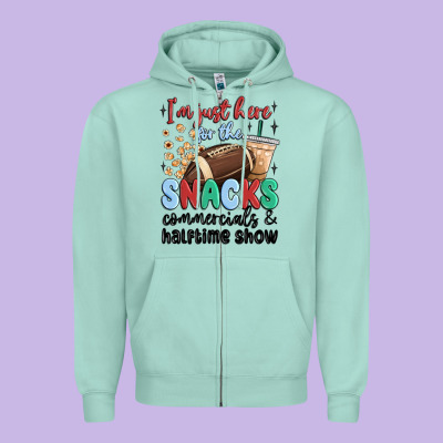 Im Just Here For The Snacks Commercials And  Halftime Show Zipper Hoodie Designed By Maliassmallbusiness
