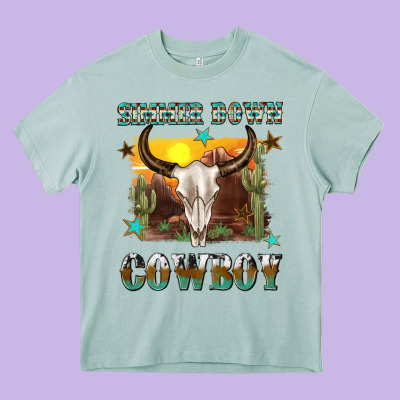 Simmer Down Cowboy Heavy Core Tee Designed By Texasbilliewilder