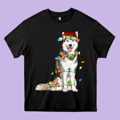 Husky Christmas Lights Heavy Core Tee Designed By Ranaportraitstore