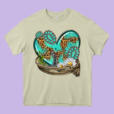 Turquoise Western Heart With Horseshoe Heavy Core Tee Designed By Texasbilliewilder