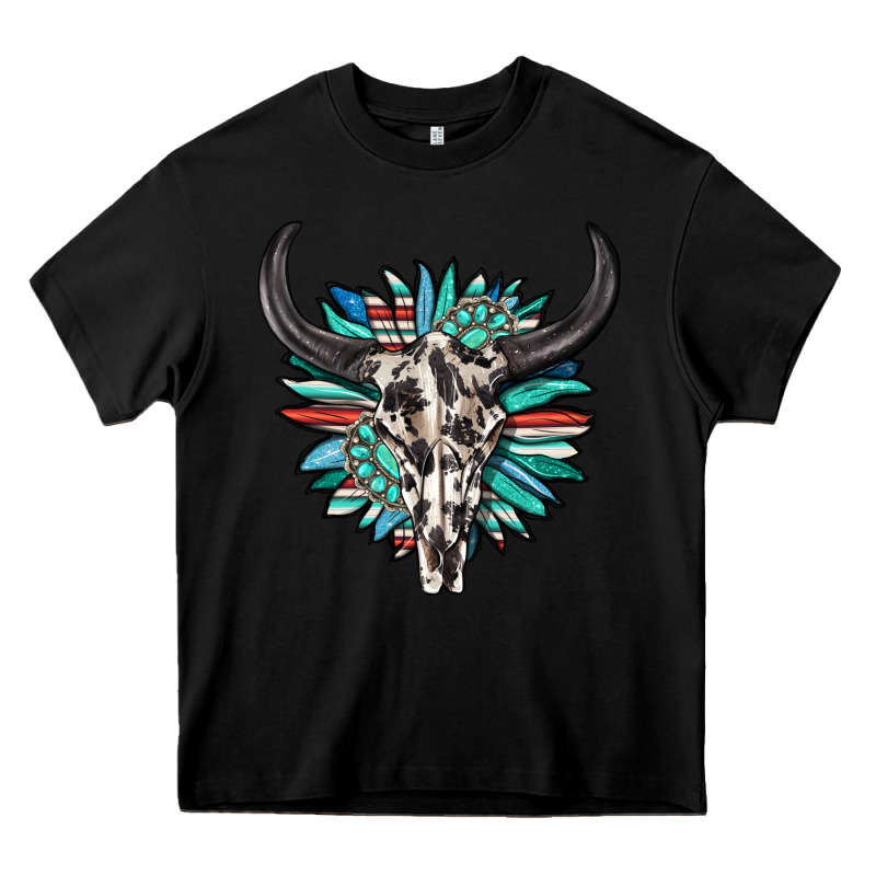 Western Bull Skull With Sunflower And Gemstone Heavy Core Tee by texasbilliewilder | Teevron