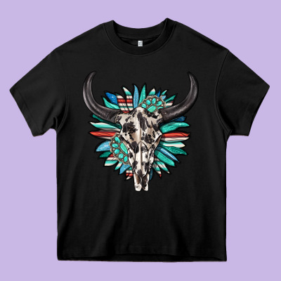 Western Bull Skull With Sunflower And Gemstone Heavy Core Tee Designed By Texasbilliewilder