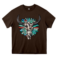 Chocolate Brown western bull skull with sunflower and gemstone Heavy Core Tee - texasbilliewilder