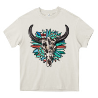 Cream western bull skull with sunflower and gemstone Heavy Core Tee - texasbilliewilder