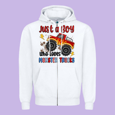 Just A Boy Who Loves Monster Trucks Zipper Hoodie Designed By Maliassmallbusiness