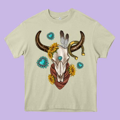 Western Cow Skull Heavy Core Tee Designed By Texasbilliewilder