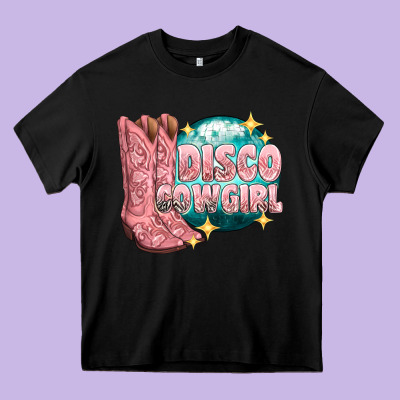 Western Disco Cowgirl Heavy Core Tee Designed By Texasbilliewilder