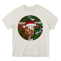 Cream Longhorn Cow Christmas Heavy Core Tee - RanaPortraitStore