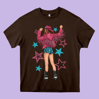 Western Pink With Stars And Cowgirl Heavy Core Tee Designed By Texasbilliewilder