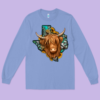 Texas Map Long Haired Shaggy Cow Long Sleeve Tee Designed By Jasminsmagicworld