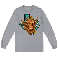 Heather Grey Texas map long haired shaggy cow Long Sleeve Tee - Jasminsmagicworld