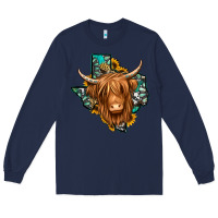 Navy Texas map long haired shaggy cow Long Sleeve Tee - Jasminsmagicworld