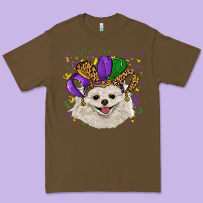 Premium Tee Mardi Gras White Pomeranian with Hat