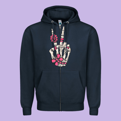 Pink Gemstone Peace Skeleton Hand Zipper Hoodie Designed By Maliassmallbusiness
