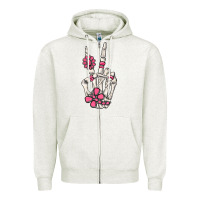 Oatmeal Heather pink gemstone peace skeleton hand Zipper Hoodie - MaliasSmallBusiness