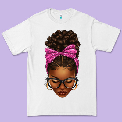 Premium Tee afro messy bun pink leopard bow
