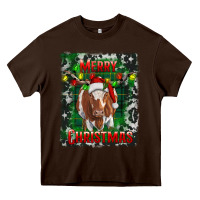 Chocolate Brown Western Merry Christmas Longhorn Cow Heavy Core Tee - RanaPortraitStore